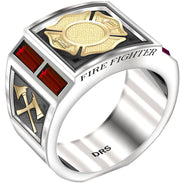 Men's Two Tone 925 Sterling Silver and 14k Yellow Gold Simulated Ruby Fire Fighter Ring - US Jewels
