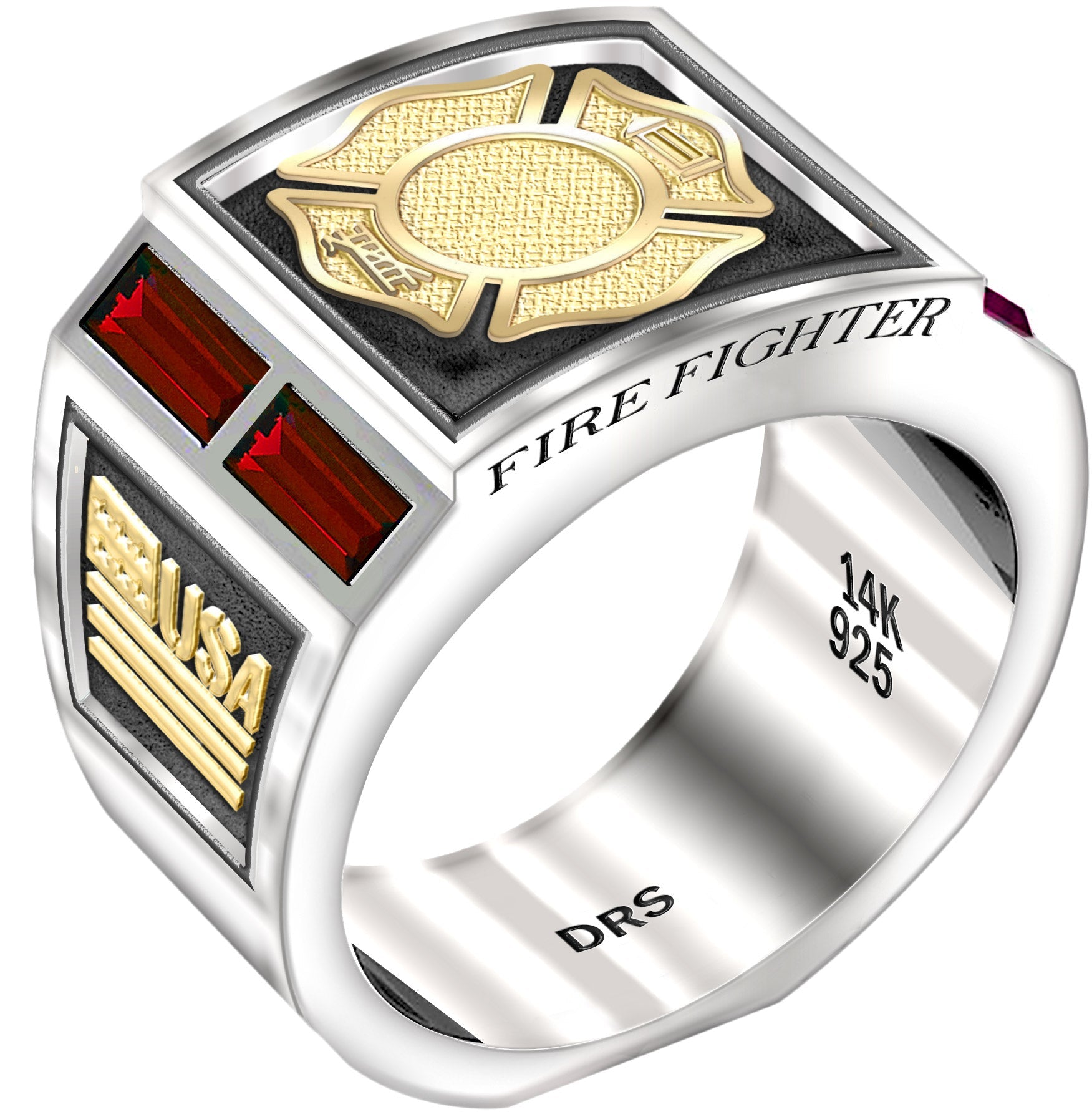 Men's Two Tone 925 Sterling Silver and 14k Yellow Gold Simulated Ruby Fire Fighter Ring - US Jewels