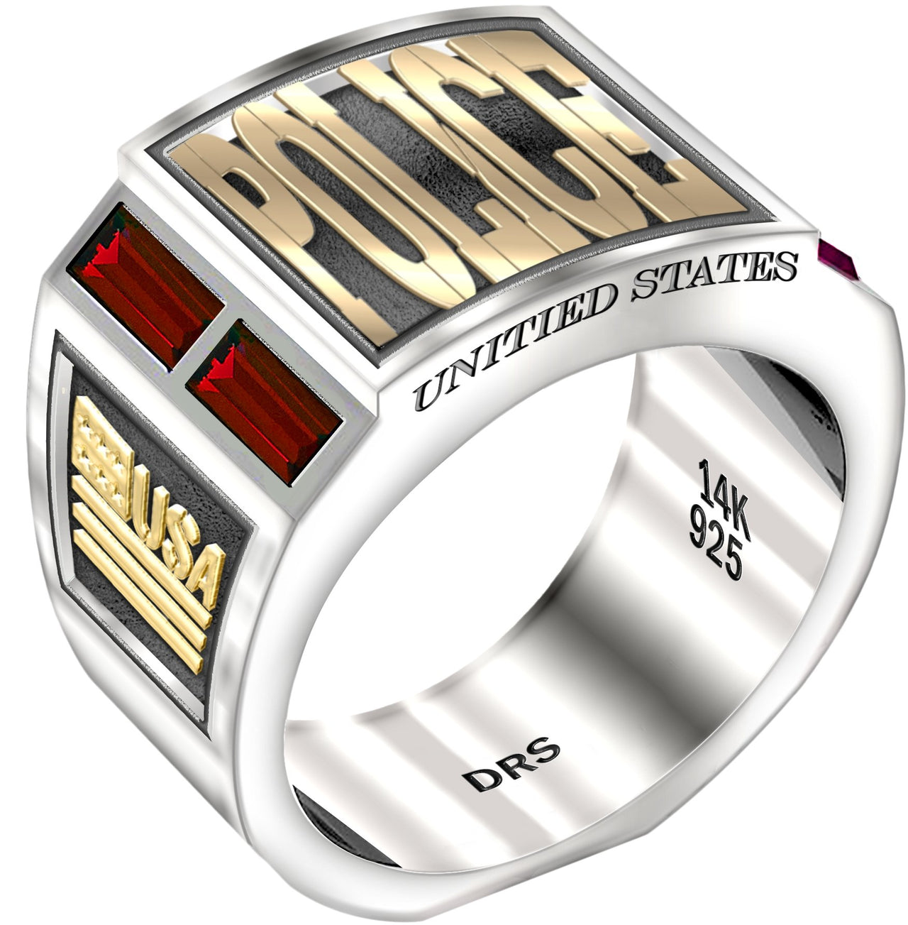 Men's Two Tone 925 Sterling Silver and 14k Yellow Gold Simulated Ruby Police Medical Ring - US Jewels