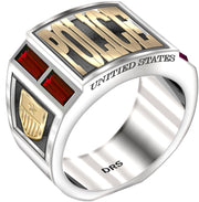 Men's Two Tone 925 Sterling Silver and 14k Yellow Gold Simulated Ruby Police Medical Ring - US Jewels