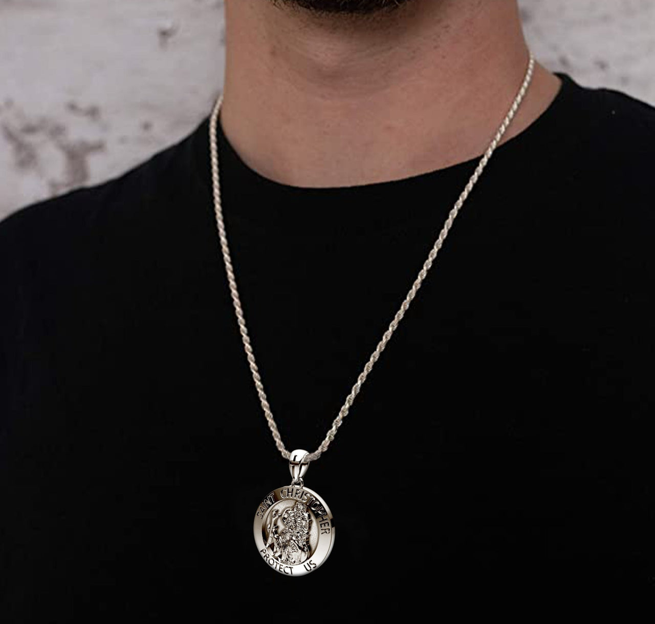Men's XL 925 Sterling Silver 1.25in St Saint Christopher Medal Antique Finish Round Pendant Necklace, 32mm - US Jewels