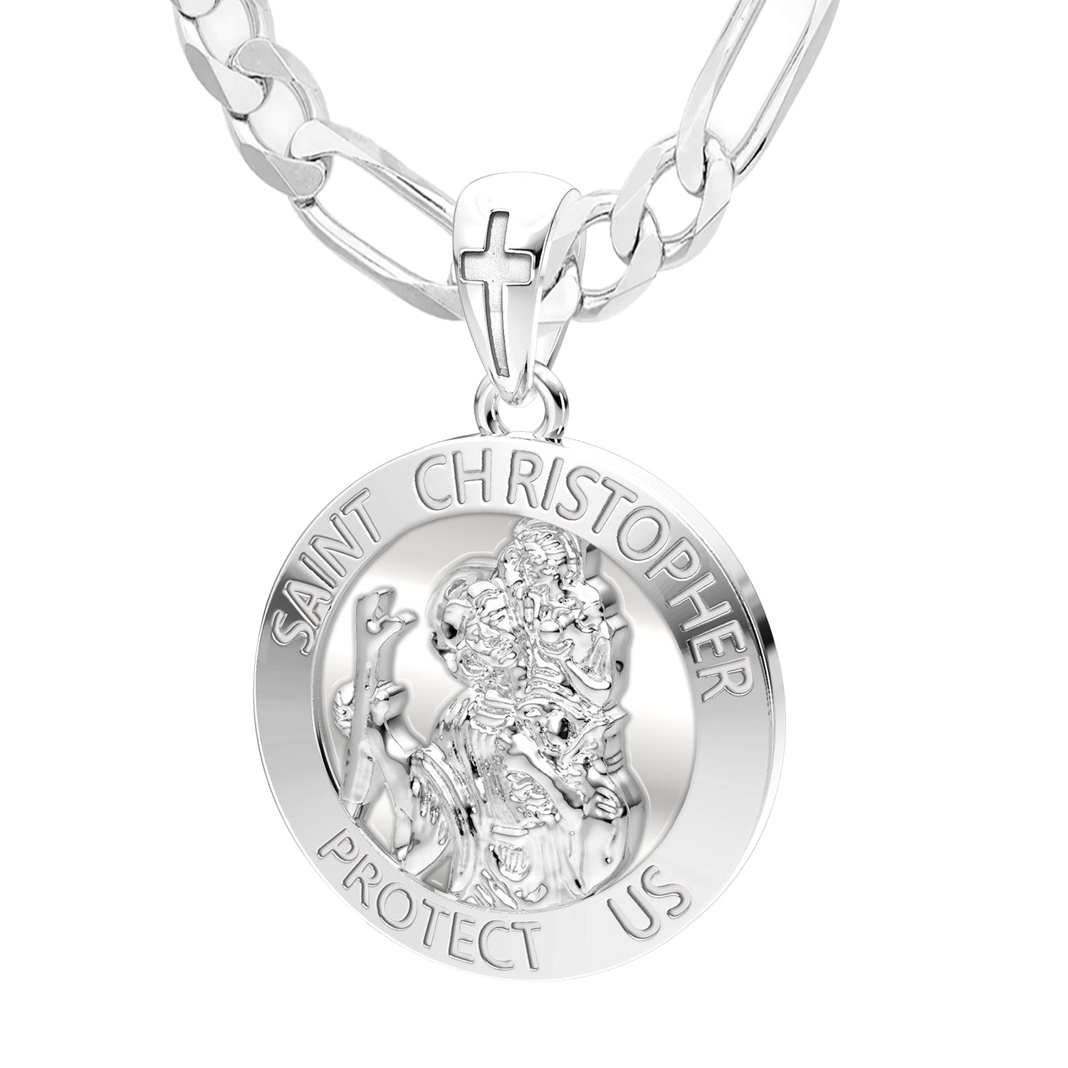 Men's XL 925 Sterling Silver 1.25in St Saint Christopher Medal High  Polished Pendant Necklace, 32mm - 20in 5.2mm Figaro Chain