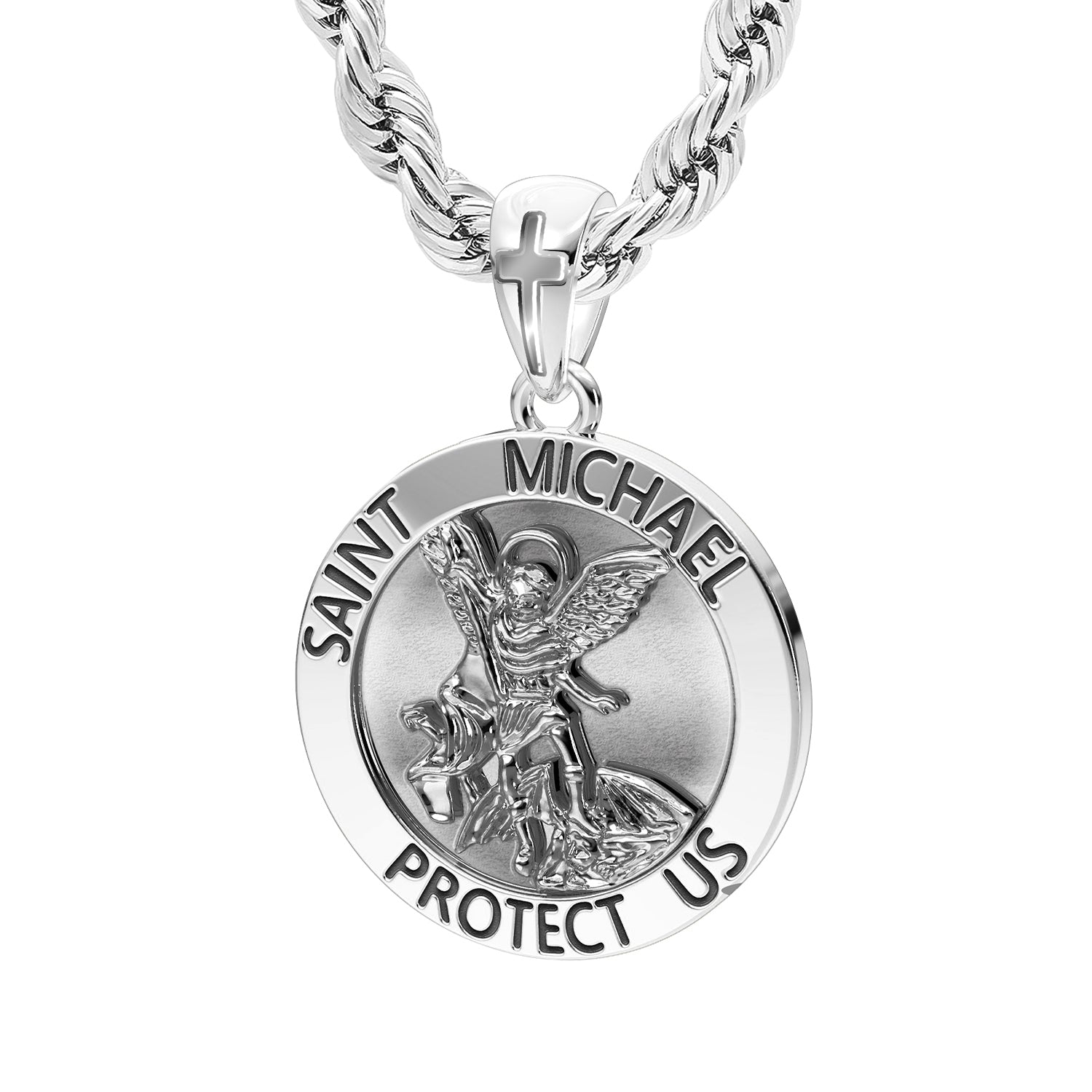 Men's XL 925 Sterling Silver 1.25in St Saint Michael Medal Antique Finish  Round Pendant Necklace, 32mm - 22in 3mm Rope Chain