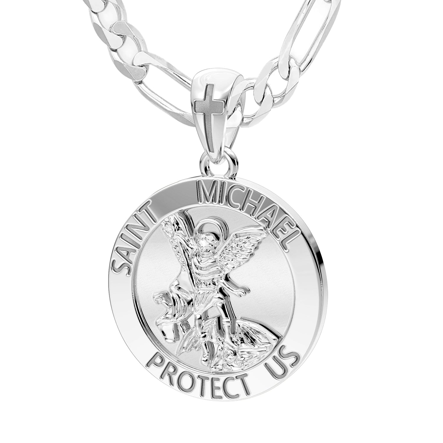 Men's XL 925 Sterling Silver 1.25in St Saint Michael Medal High Polished  Pendant Necklace, 32mm - 22in 4mm Figaro Chain