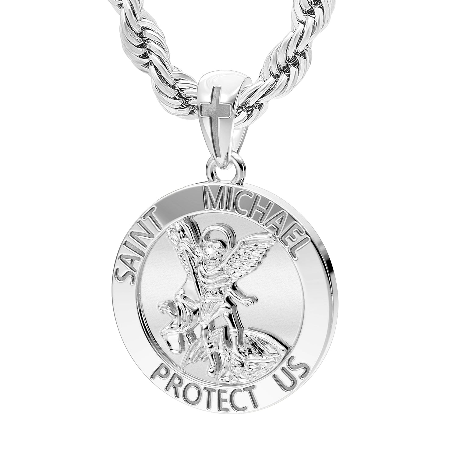 Men's XL 925 Sterling Silver 1.25in St Saint Michael Medal High Polished Pendant Necklace, 32mm - US Jewels