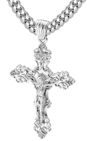 Men's XL Fleur-De-Lis 925 Sterling Silver Cross Crucifix Pendant Necklace, 52mm - US Jewels