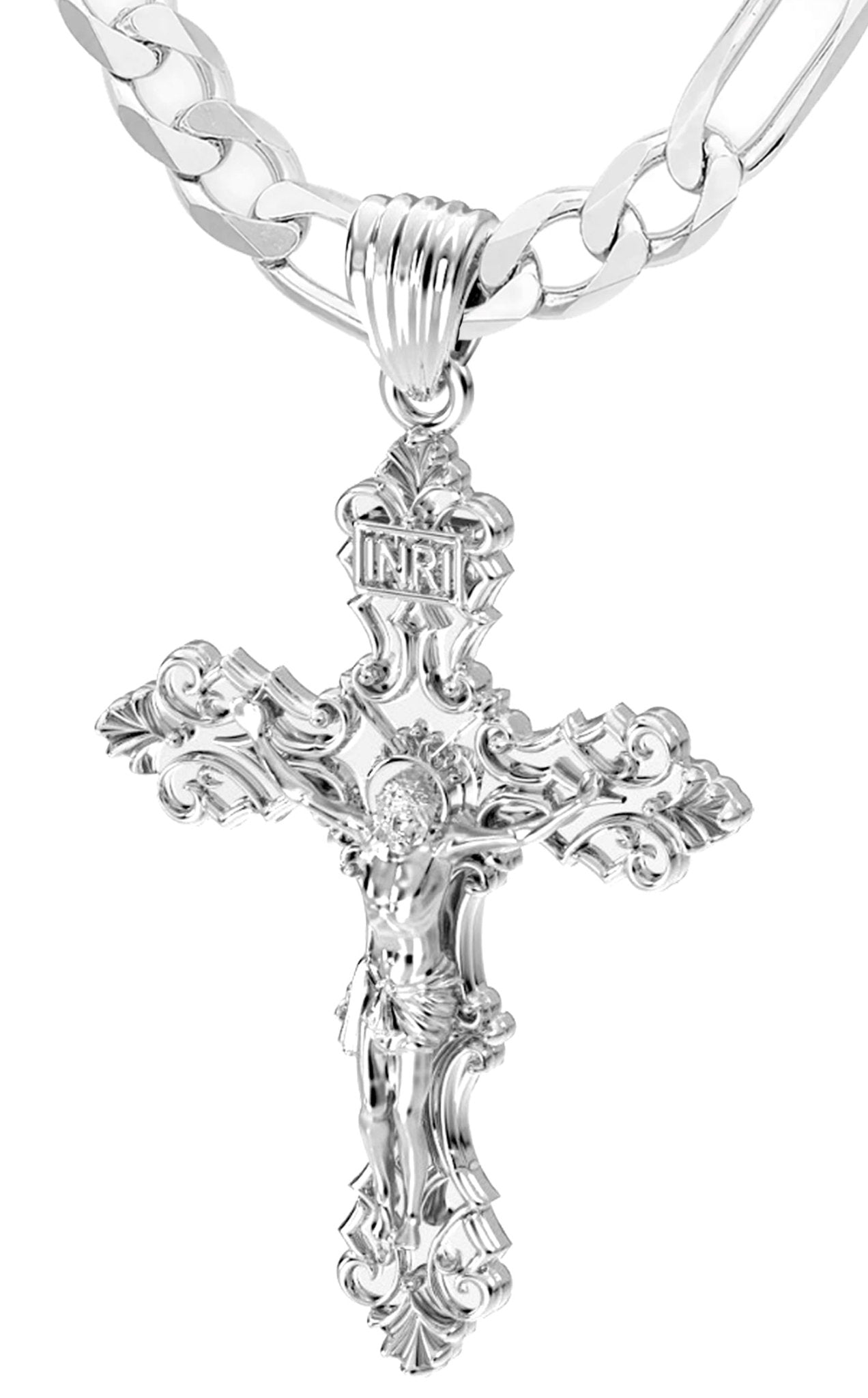 Men's XL Fleur-De-Lis 925 Sterling Silver Cross Crucifix Pendant Necklace, 52mm - US Jewels