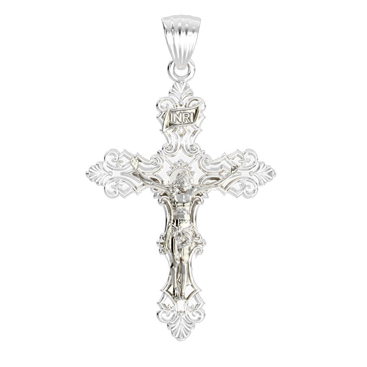 Men's XL Fleur-De-Lis 925 Sterling Silver Cross Crucifix Pendant Necklace,  52mm