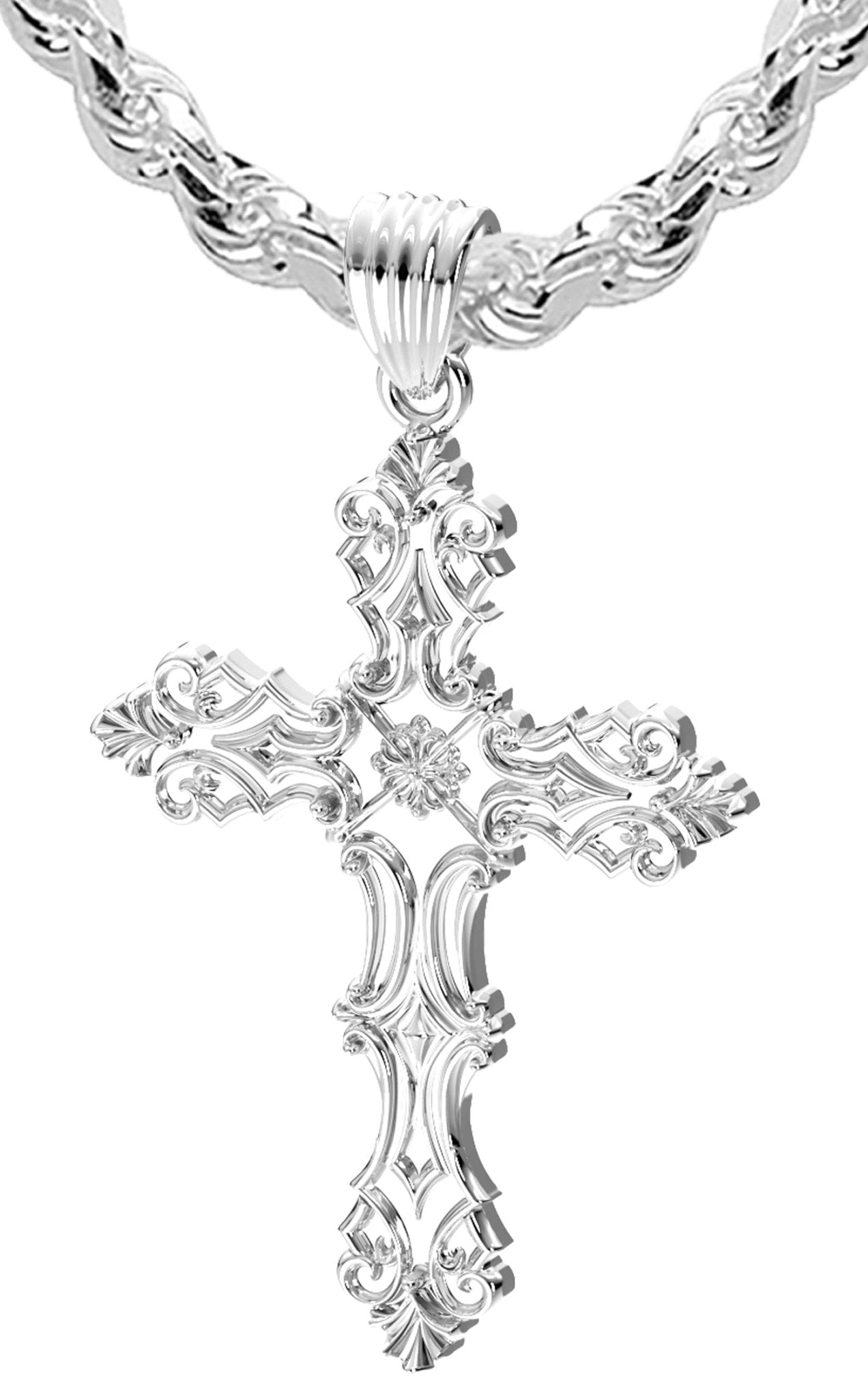 Men's XL Fleur-De-Lis 925 Sterling Silver Cross Pendant Necklace, 52mm - US Jewels