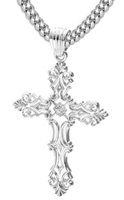 Men's XL Fleur-De-Lis 925 Sterling Silver Cross Pendant Necklace, 52mm - US Jewels