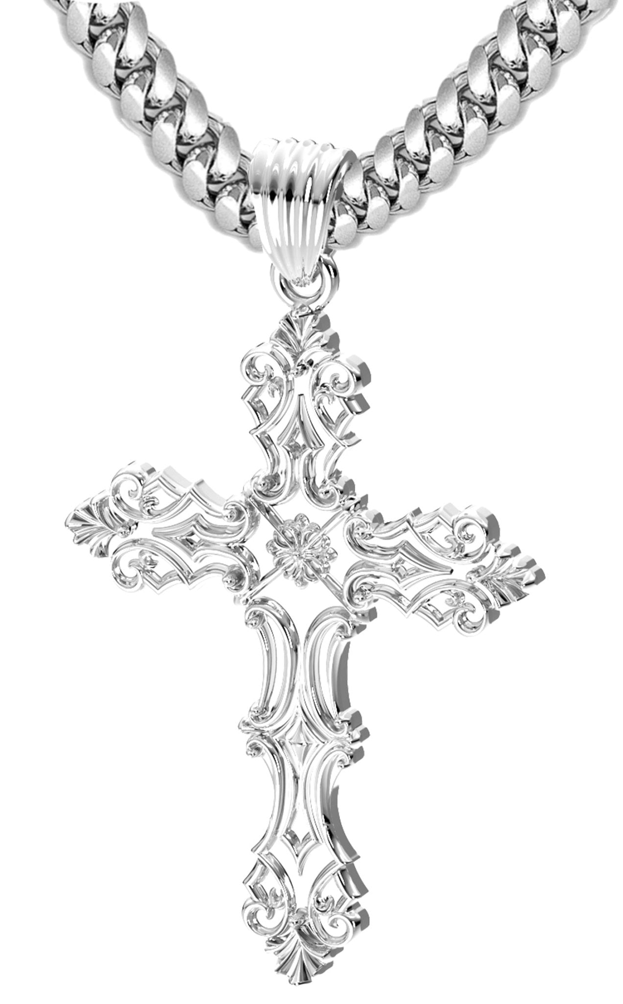 Men's XL Fleur-De-Lis 925 Sterling Silver Cross Pendant Necklace, 52mm - US Jewels