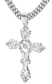 Men's XL Fleur-De-Lis 925 Sterling Silver Cross Pendant Necklace, 52mm - US Jewels