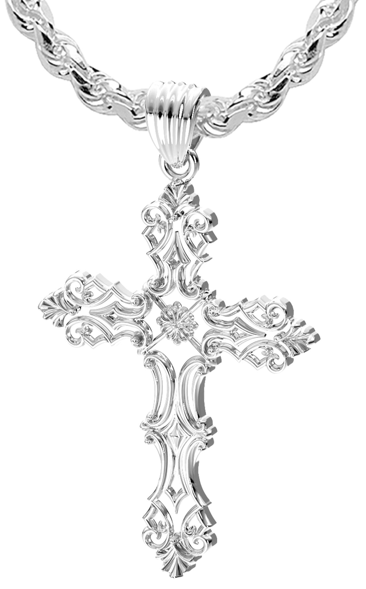 Men's XL Fleur-De-Lis 925 Sterling Silver Cross Pendant Necklace, 52mm - US Jewels