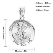 Men's XL Heavy Solid 10K or 14K White Gold St Saint Michael Medal Round Pendant, 32mm - US Jewels
