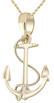 Nautical 3D Solid 14k Yellow Gold Boat Anchor & Rope Pendant Necklace - US Jewels