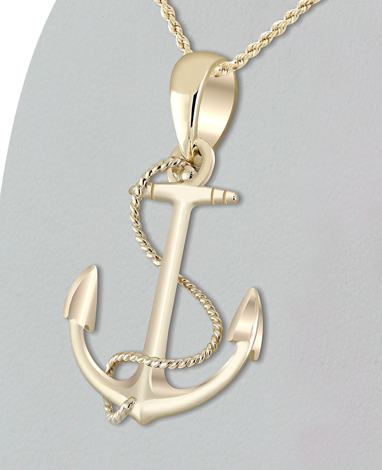 Nautical 3D Solid 14k Yellow Gold Boat Anchor & Rope Pendant Necklace