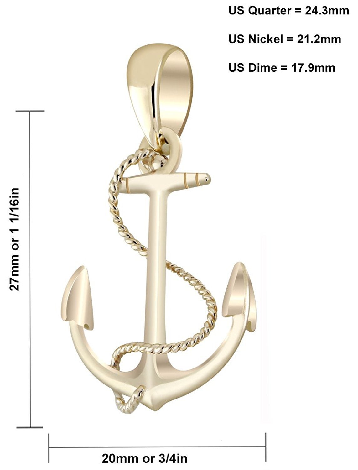 Nautical 3D Solid 14k Yellow Gold Boat Anchor & Rope Pendant Necklace - US Jewels
