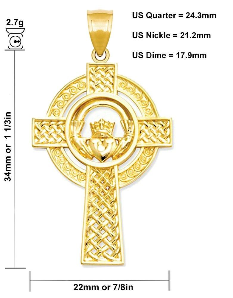 New Ladies 1 1/3in 14k Yellow Gold Irish Claddagh Cross Pendant Necklace - US Jewels