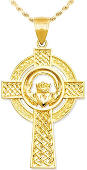 New Ladies 1 1/3in 14k Yellow Gold Irish Claddagh Cross Pendant Necklace - US Jewels