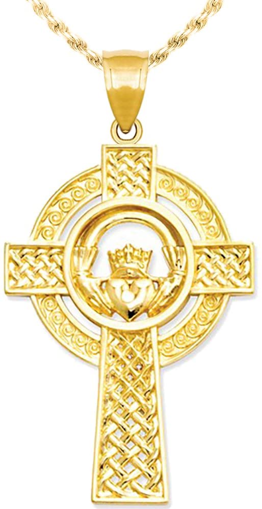 New Ladies 1 1/3in 14k Yellow Gold Irish Claddagh Cross Pendant Necklace - US Jewels