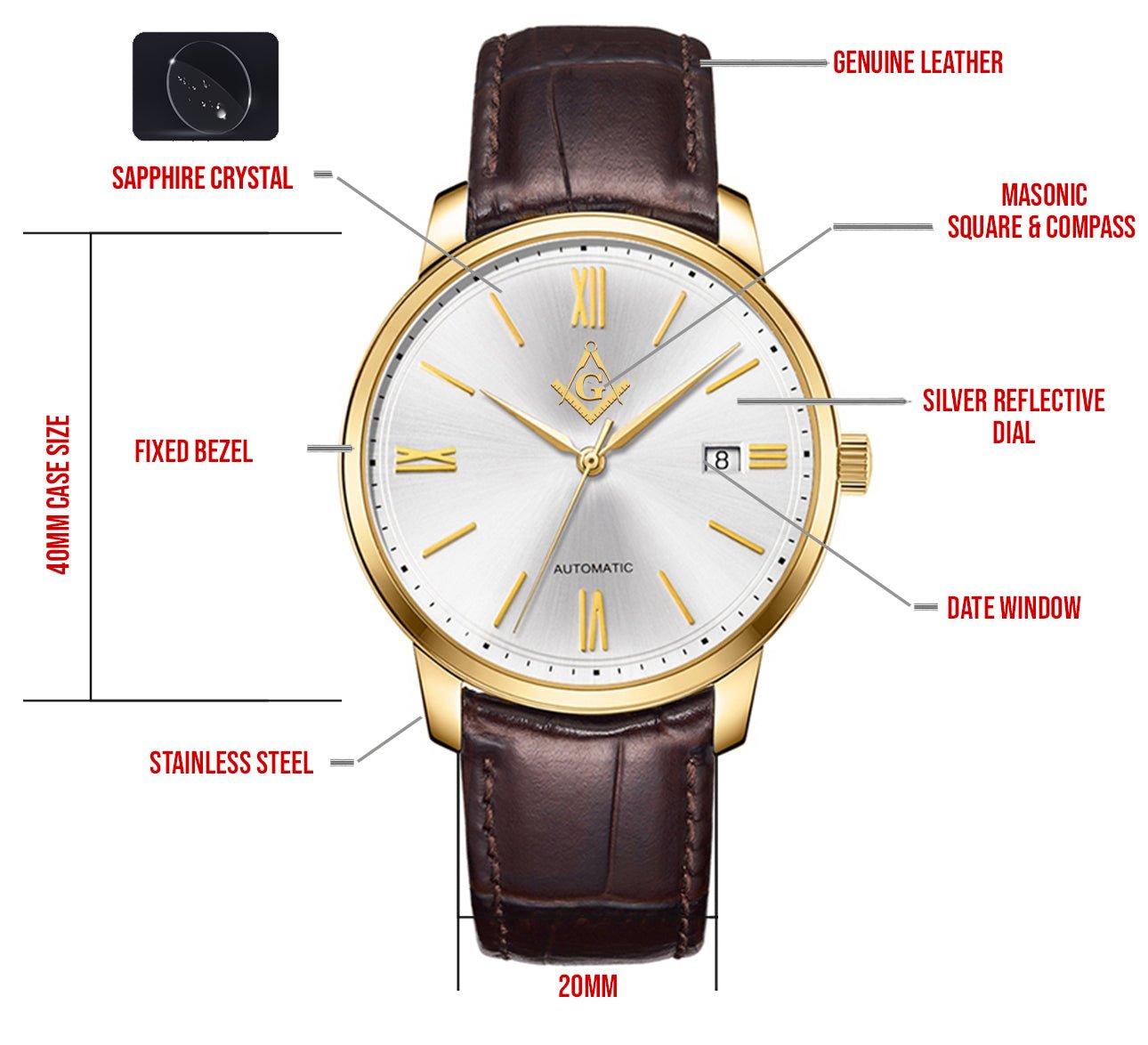 New Men's Stainless Steel Swiss Automatic ETA Masonic Dress Watch, 40mm - US Jewels