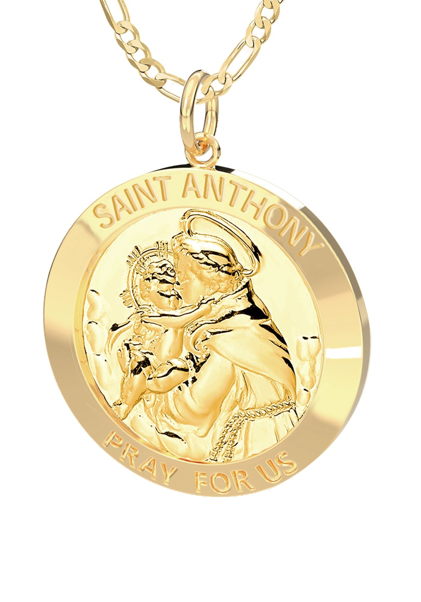 Petite Ladies 14K Yellow Gold Solid Saint Anthony Medal Pendant Necklace, 18mm - US Jewels