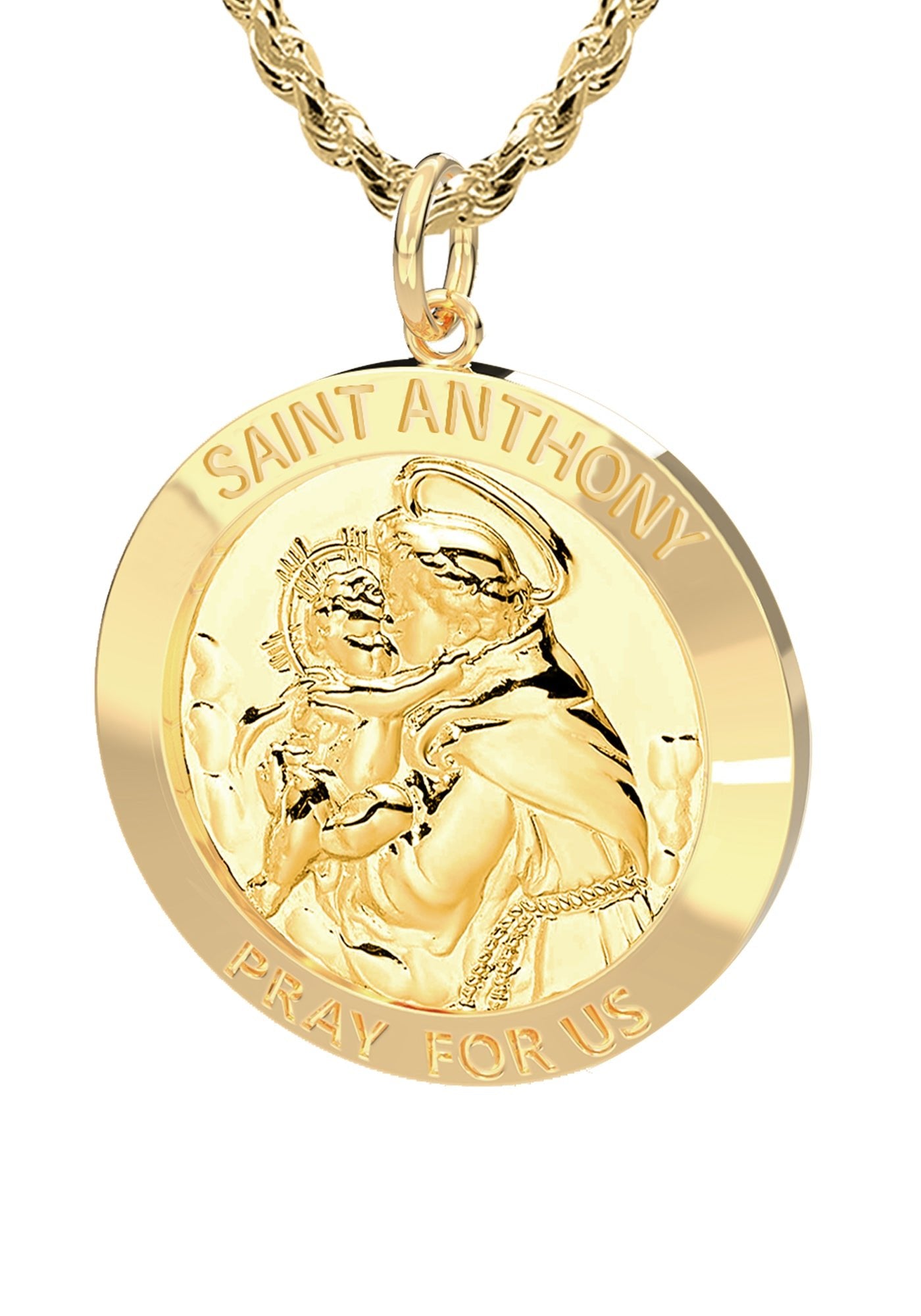 Petite Ladies 14K Yellow Gold Solid Saint Anthony Medal Pendant Necklace, 18mm - US Jewels