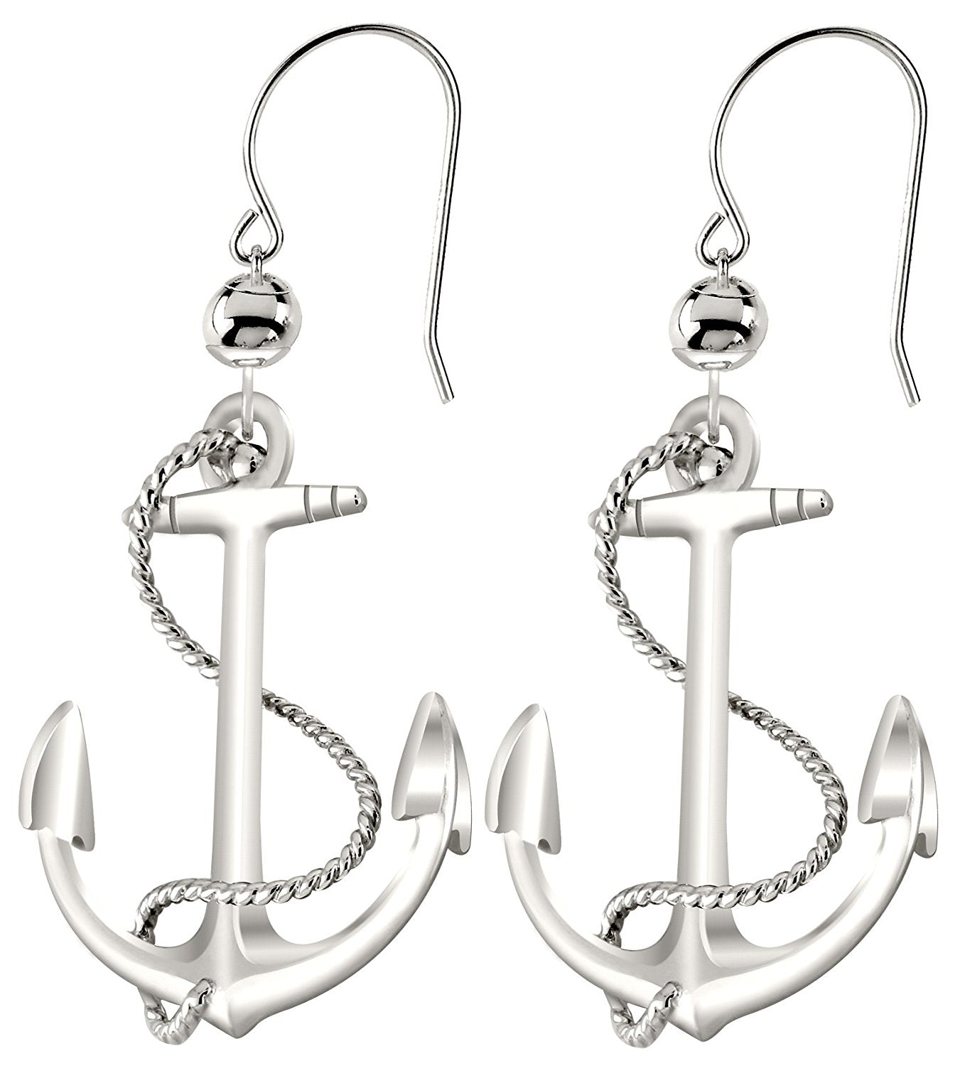Polished 3D Solid 925 Sterling Silver Boat Anchor & Rope Dangle Earrings - US Jewels