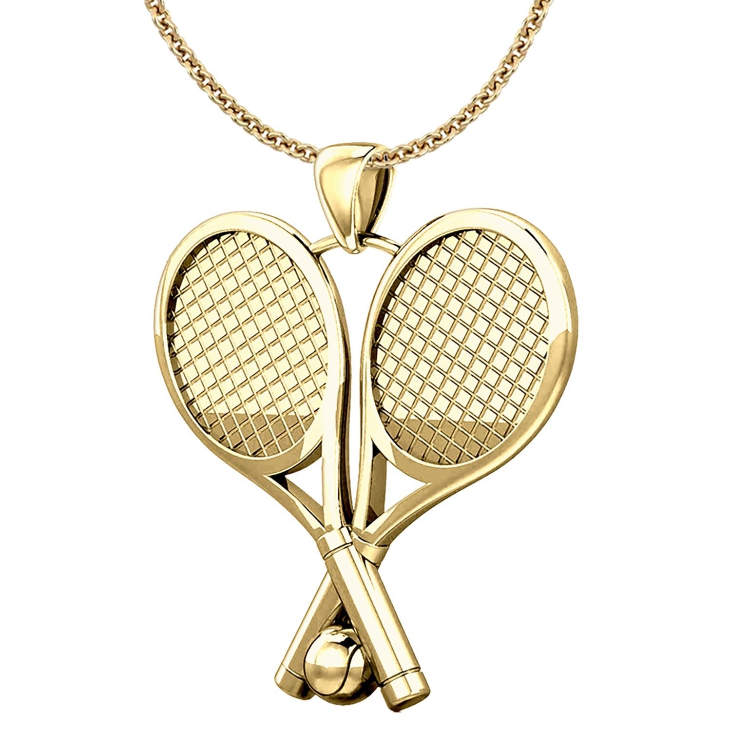Small 10K or 14K Yellow Gold 3D Double Tennis Racket & Ball Pendant  Necklace, 25mm - 10k Yellow Gold / 18in, 1.5mm Cable Chain