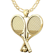 Small 10K or 14K Yellow Gold 3D Double Tennis Racket & Ball Pendant Necklace, 25mm - US Jewels