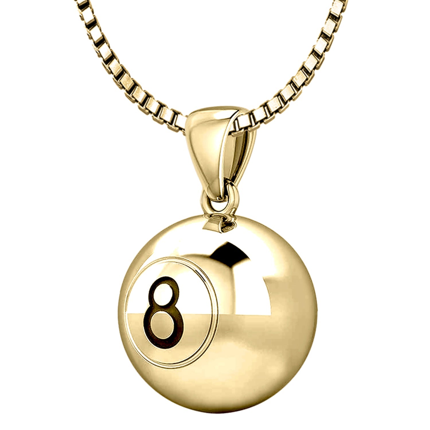 Small 10K or 14K Yellow Gold 3D Eight 8 Ball Billiards Pendant Necklace,  13mm - 10k Yellow Gold / 18in, 1mm Box Chain