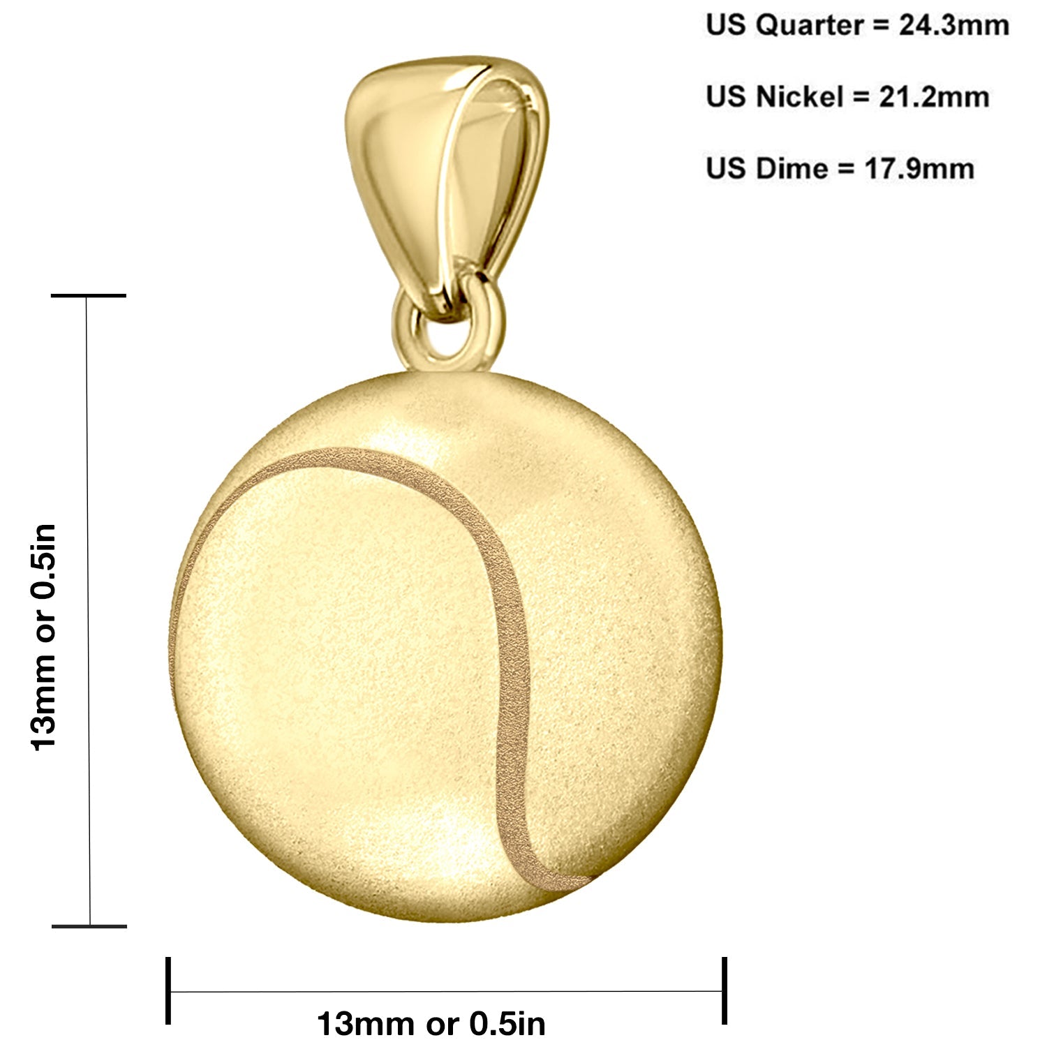 Small 10K or 14K Yellow Gold 3D Tennis Ball Pendant Necklace, 13mm - US Jewels
