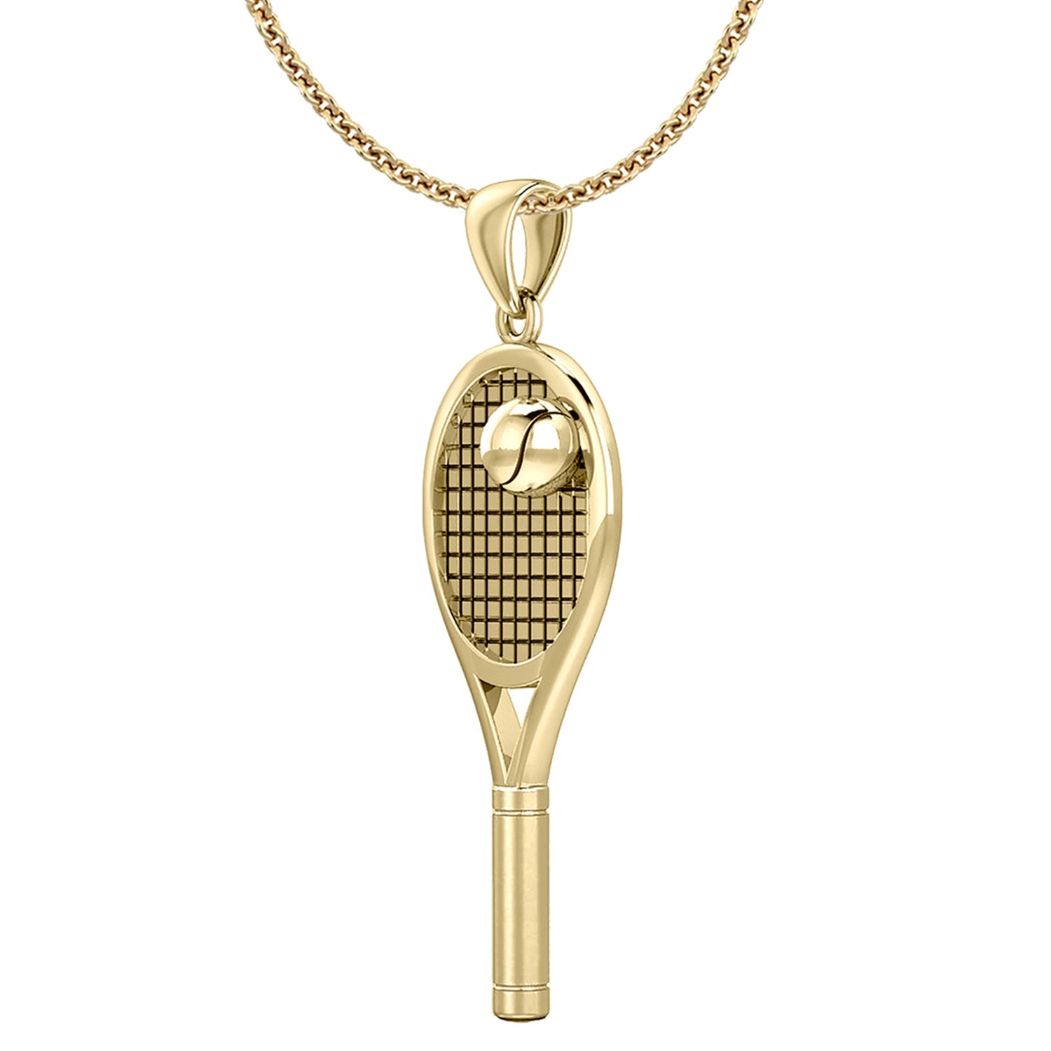 Small 10K or 14K Yellow Gold 3D Tennis Racket & Ball Pendant Necklace, 27mm - US Jewels