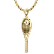 Small 10K or 14K Yellow Gold 3D Tennis Racket & Ball Pendant Necklace, 27mm - US Jewels