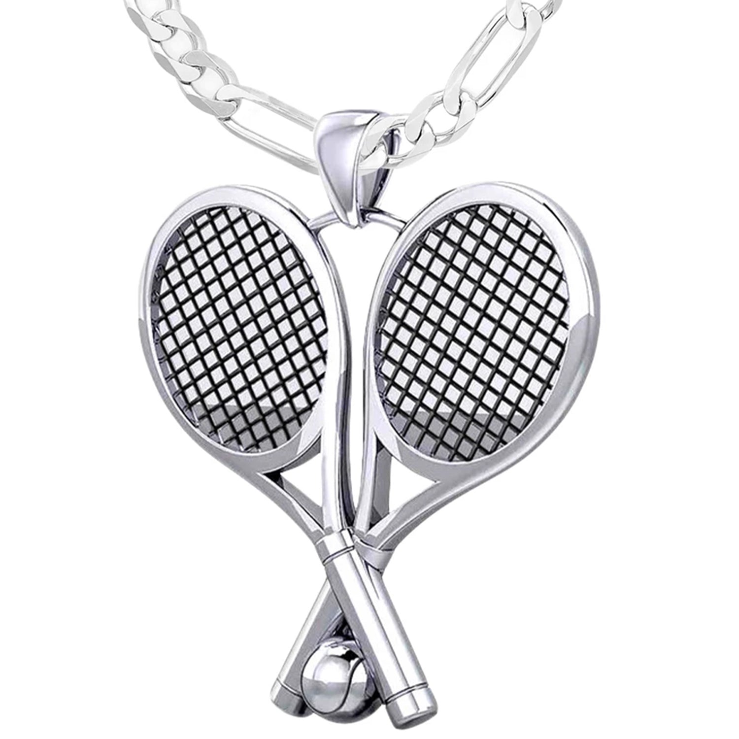 Small 925 Sterling Silver 3D Double Tennis Racket & Ball Pendant Necklace, 25mm - US Jewels