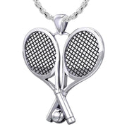 Small 925 Sterling Silver 3D Double Tennis Racket & Ball Pendant Necklace, 25mm - US Jewels
