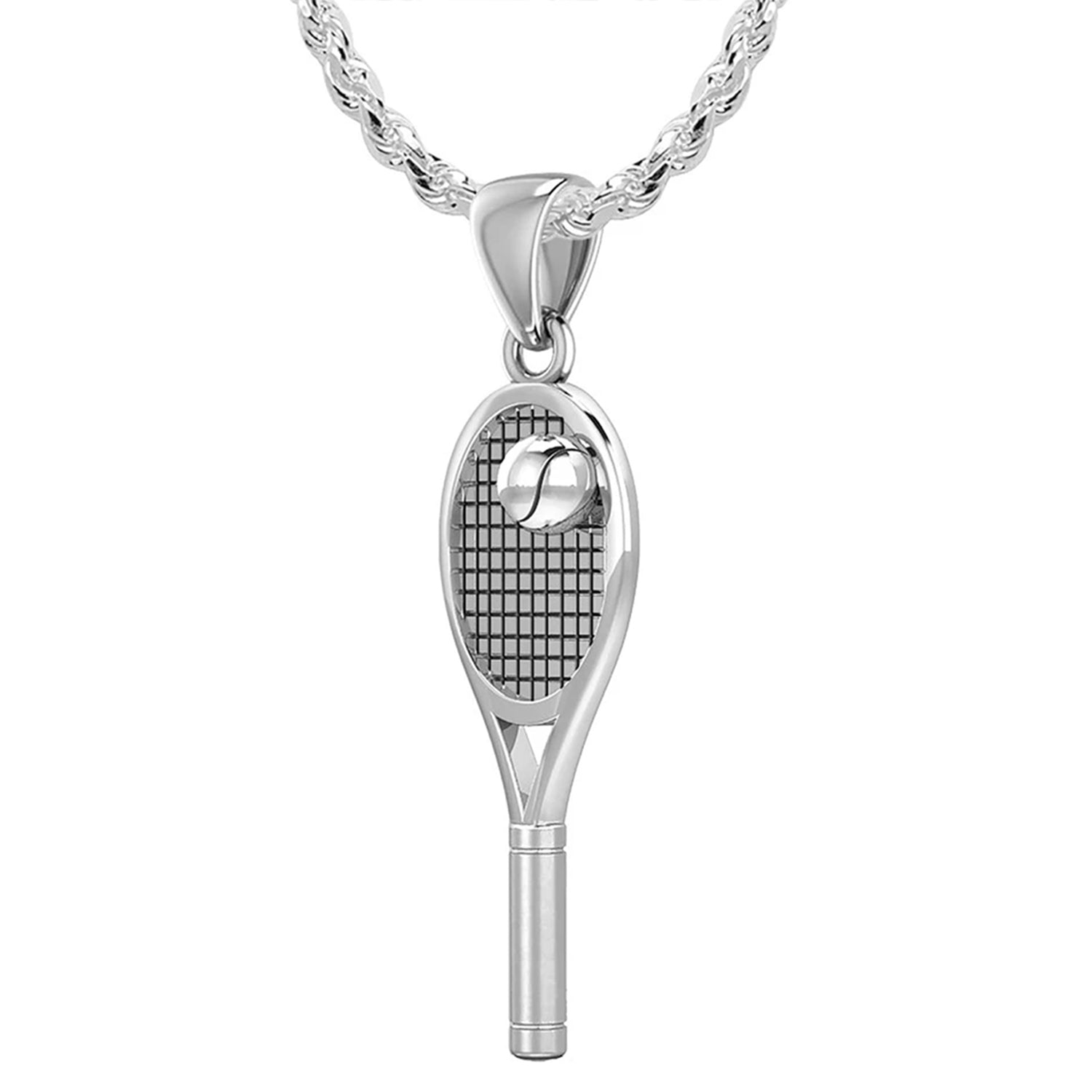 Small 925 Sterling Silver 3D Tennis Racket & Ball Pendant Necklace, 27mm - US Jewels