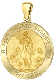 Small Ladies 14K Yellow Gold Miraculous Mother Mary Medal Round Pendant Necklace, 2 Sizes - US Jewels