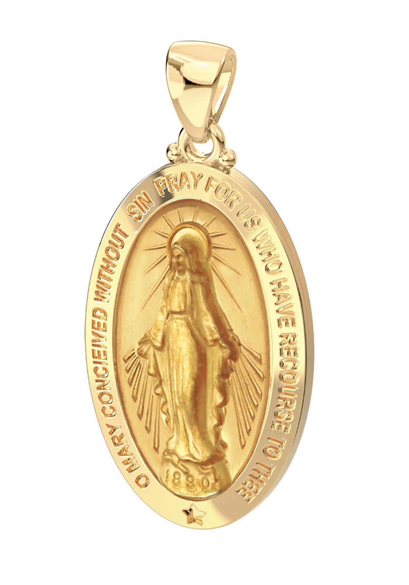 Small Ladies 14K Yellow Gold Miraculous Virgin Mary Hollow Oval Polished Pendant Necklace, 18mm - US Jewels