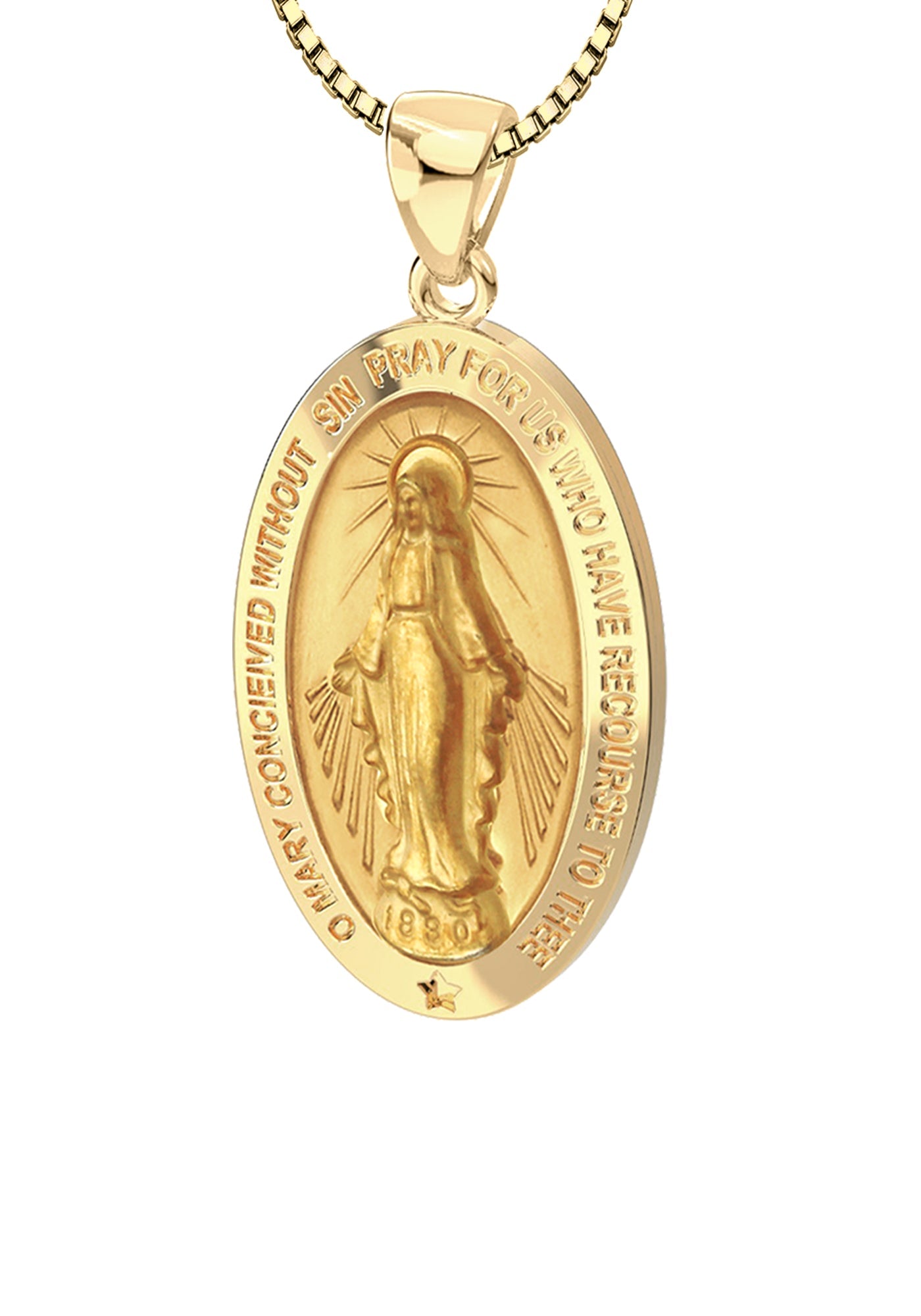 Small Ladies 14K Yellow Gold Miraculous Virgin Mary Hollow Oval Polished Pendant Necklace, 18mm - US Jewels