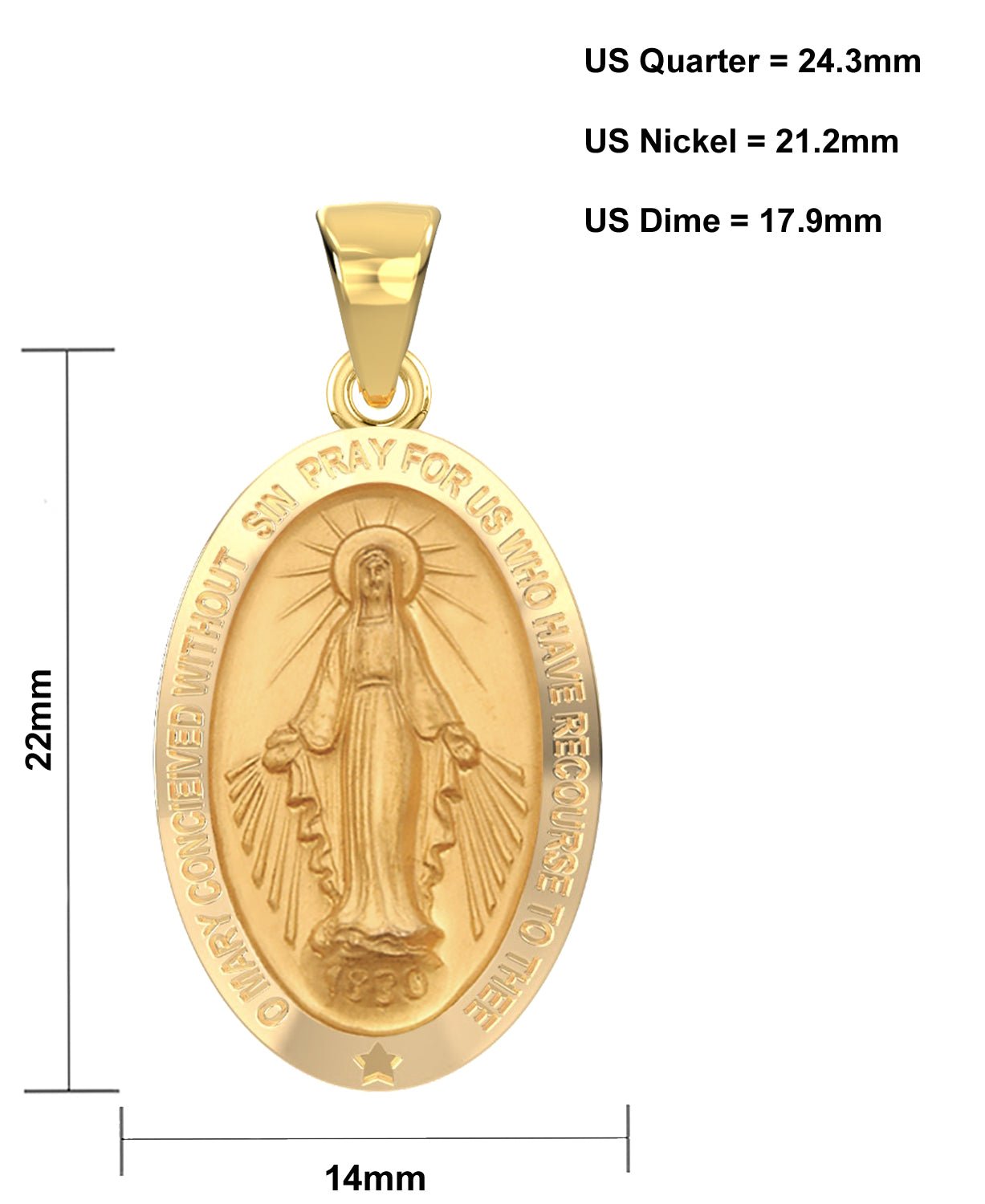 Small Ladies 14K Yellow Gold Miraculous Virgin Mary Hollow Oval Polished Pendant Necklace, 18mm - US Jewels