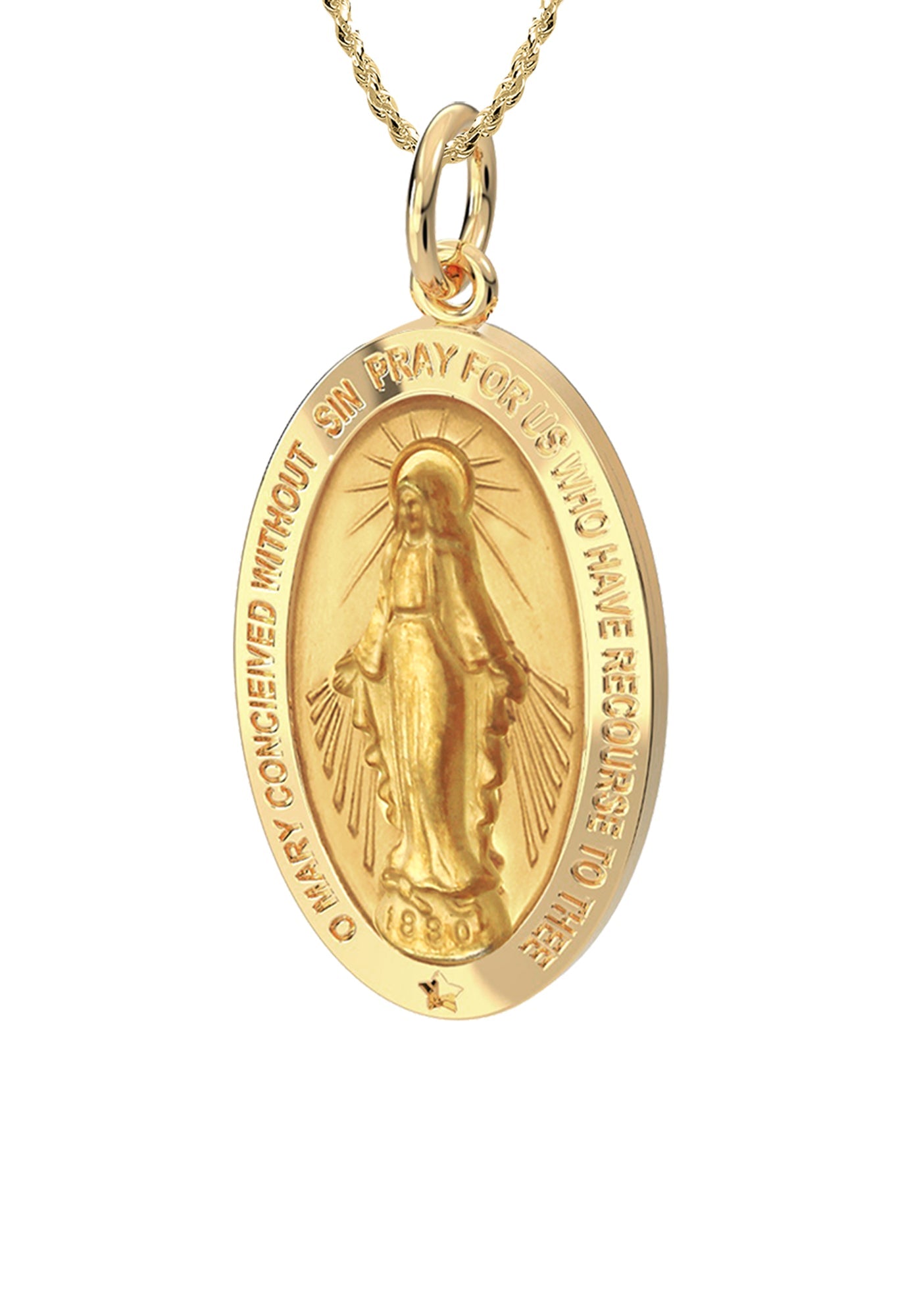 Small Ladies 14K Yellow Gold Miraculous Virgin Mary Solid Oval Polished Pendant Necklace, 18mm - US Jewels