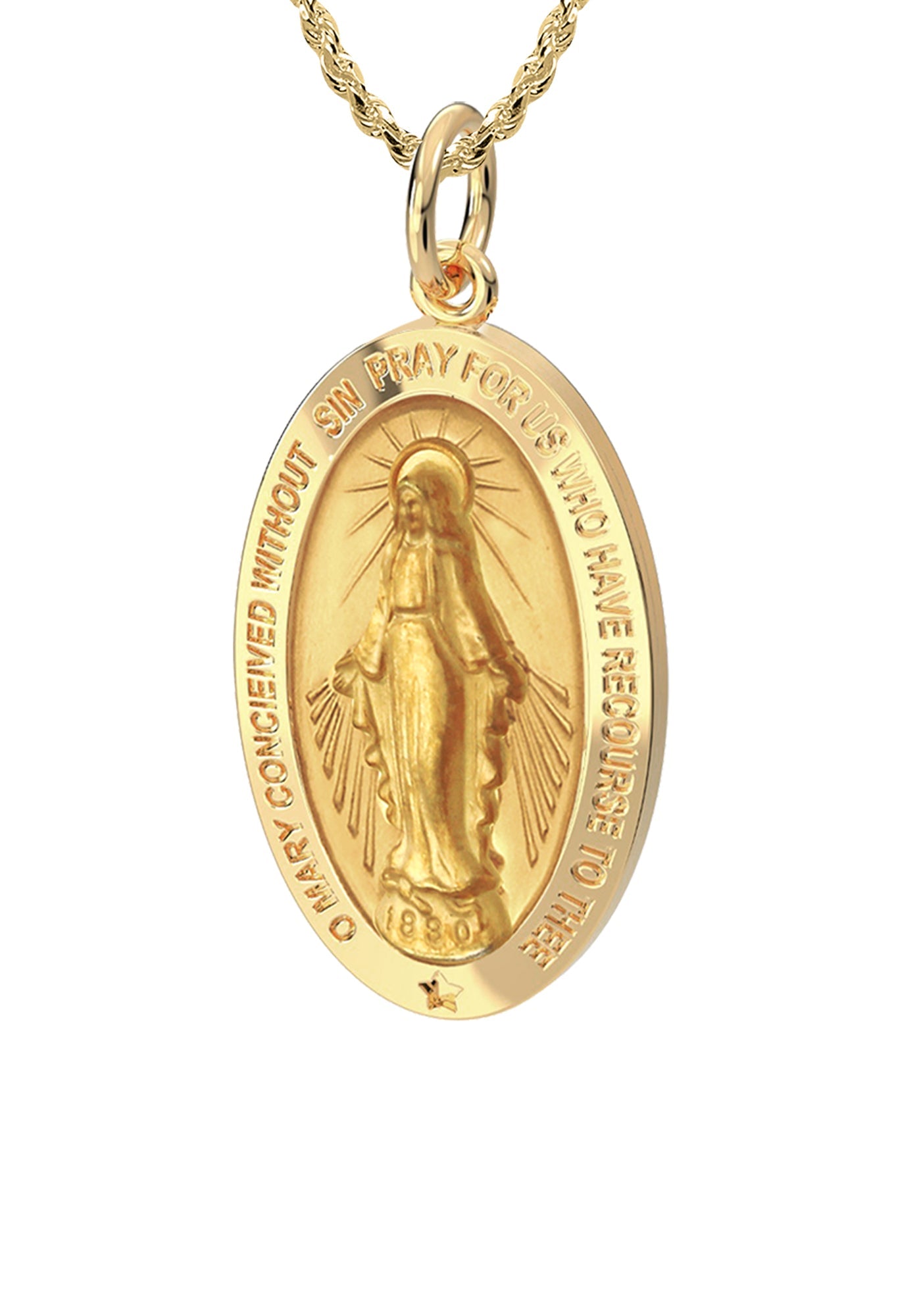 Small Ladies 14K Yellow Gold Miraculous Virgin Mary Solid Oval Polished Pendant Necklace, 18mm - US Jewels