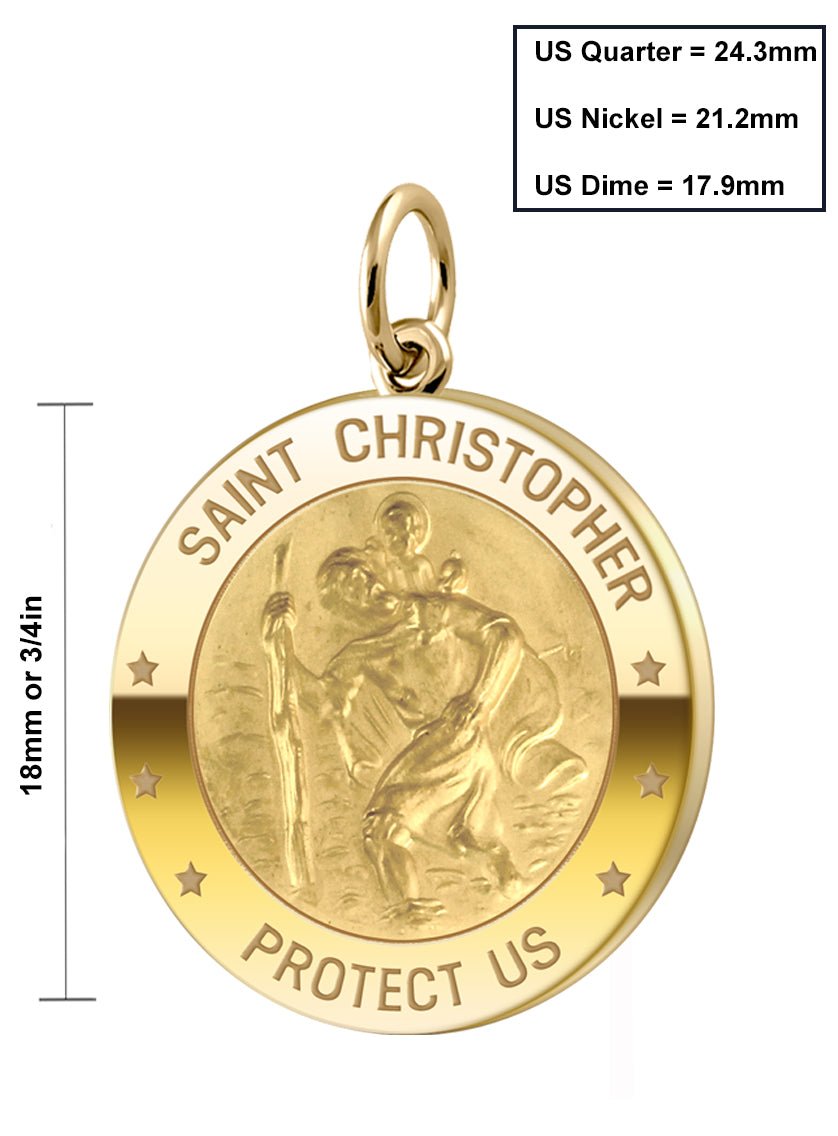 Small Ladies 14K Yellow Gold Saint Christopher Medal Round Pendant Necklace, 2 Sizes - US Jewels
