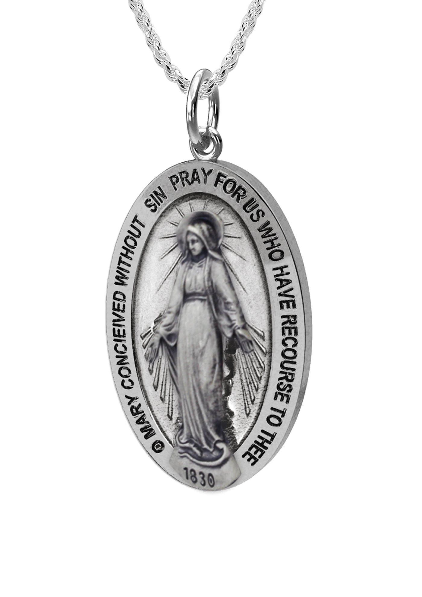 Virgin Mary Necklace - Silver Pendant in Antique Finish 20in 2.4mm Rope Chain