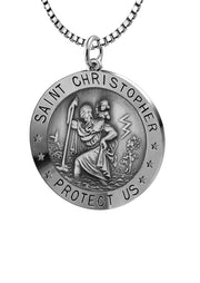 Small Ladies 925 Sterling Silver St Christopher Round Antique Pendant Necklace, 18mm - US Jewels