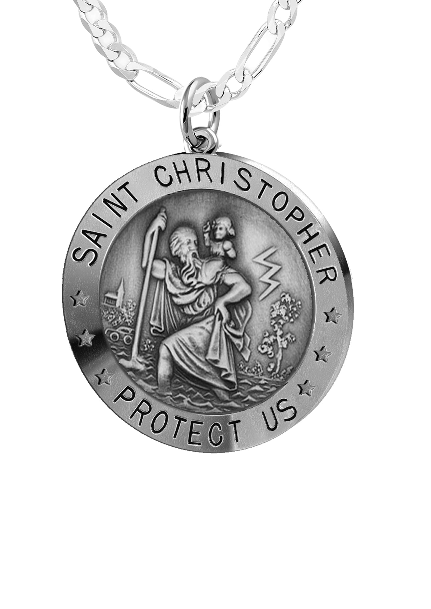 Small Ladies 925 Sterling Silver St Christopher Round Antique Pendant Necklace, 18mm - US Jewels