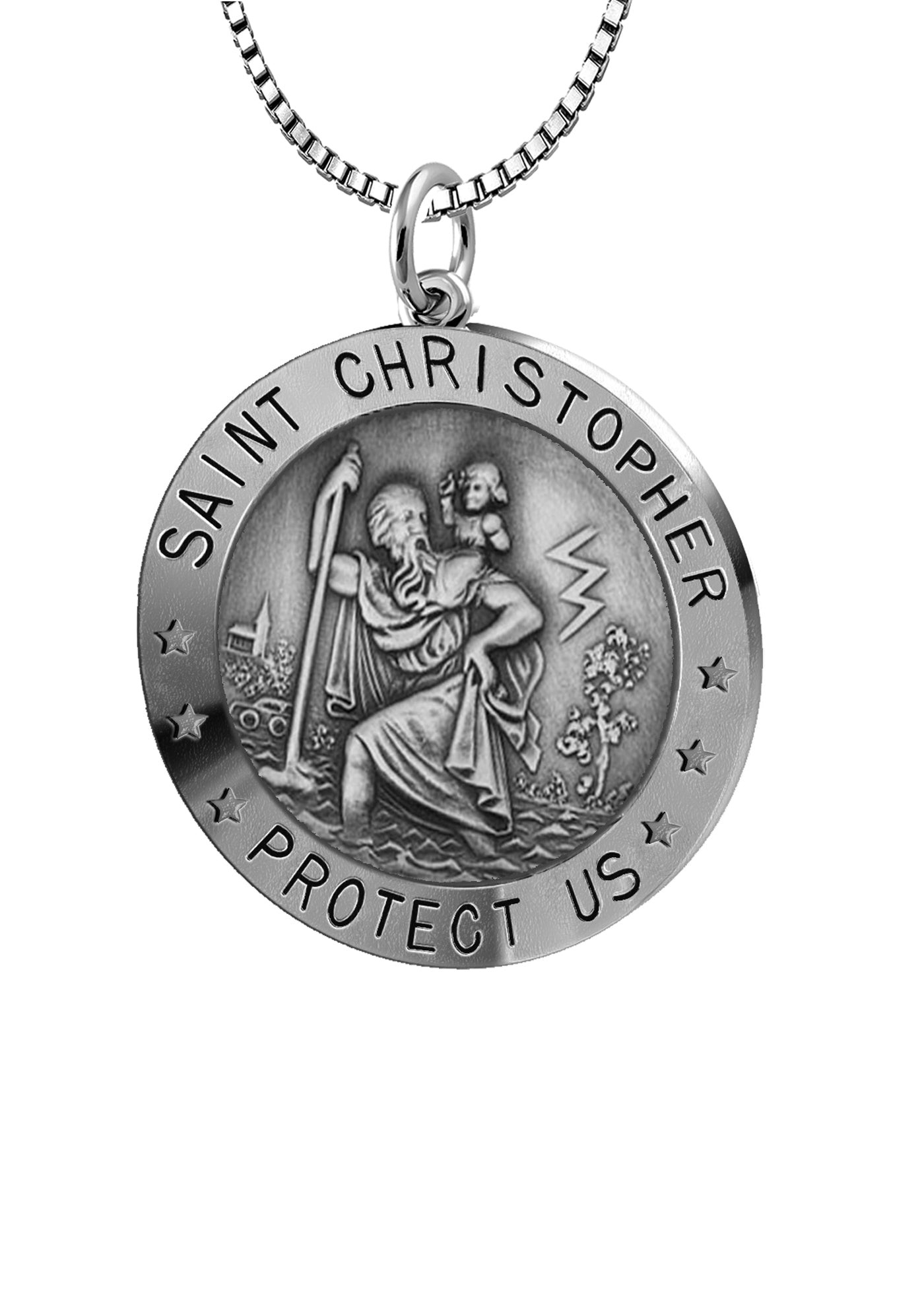 Small Ladies 925 Sterling Silver St Christopher Round Antique Pendant Necklace, 18mm - US Jewels