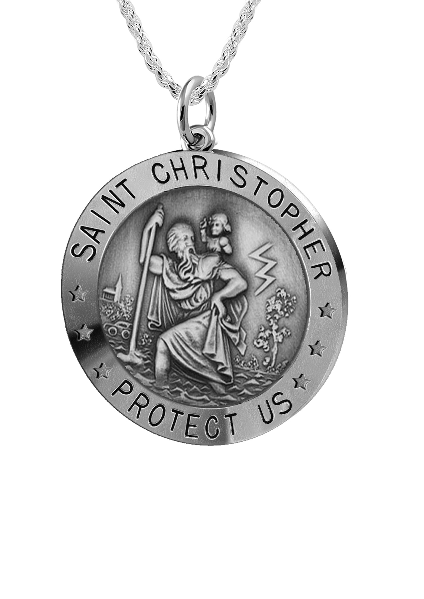 Small Ladies 925 Sterling Silver St Christopher Round Antique Pendant Necklace, 18mm - US Jewels