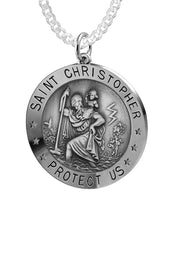 Small Ladies 925 Sterling Silver St Christopher Round Antique Pendant Necklace, 18mm - US Jewels